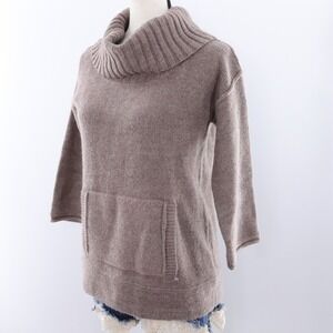 J. Crew Brown Cowl Neck Sweater 3/4 Sleeve Kangaroo‎ Pocket Wool Blend XS